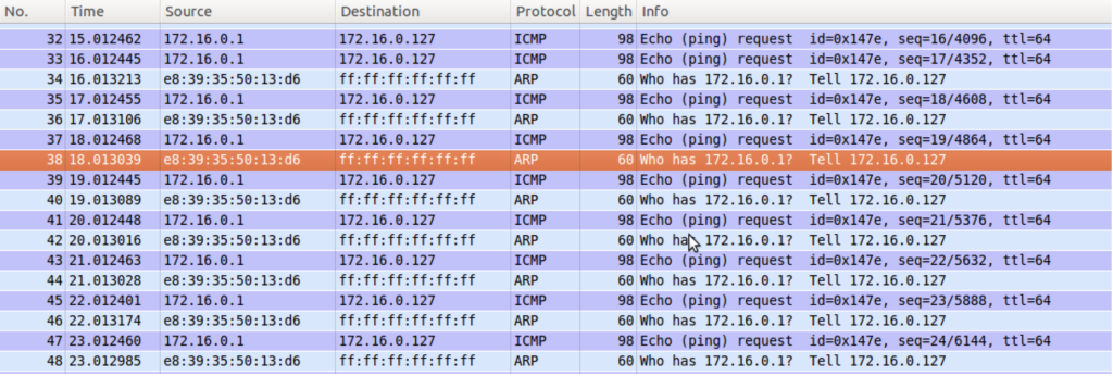 Figure 1.2-18 Wireshark Capture on H2 - Broadcast Address Conflict